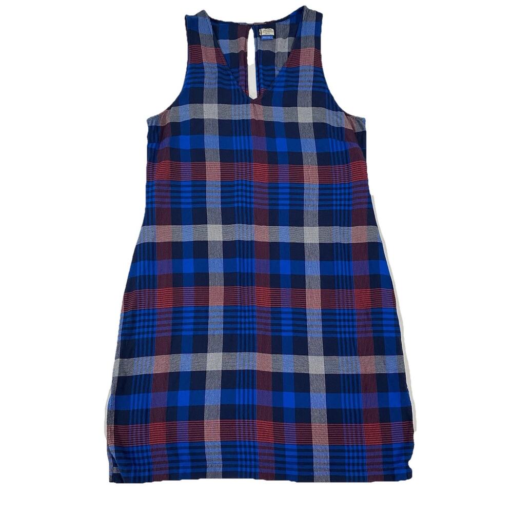 Kavu Womens Dress Blue Red Plaid Sleeveless V-Neck Rayon LARGE Open Back Summer